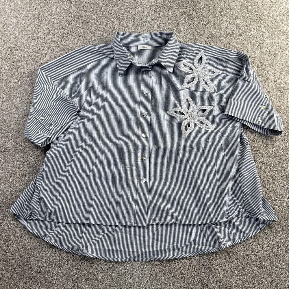 Oddi Shirt Womens 3X Blue Striped Button Up Pearl Beaded Floral Top Short Sleeve